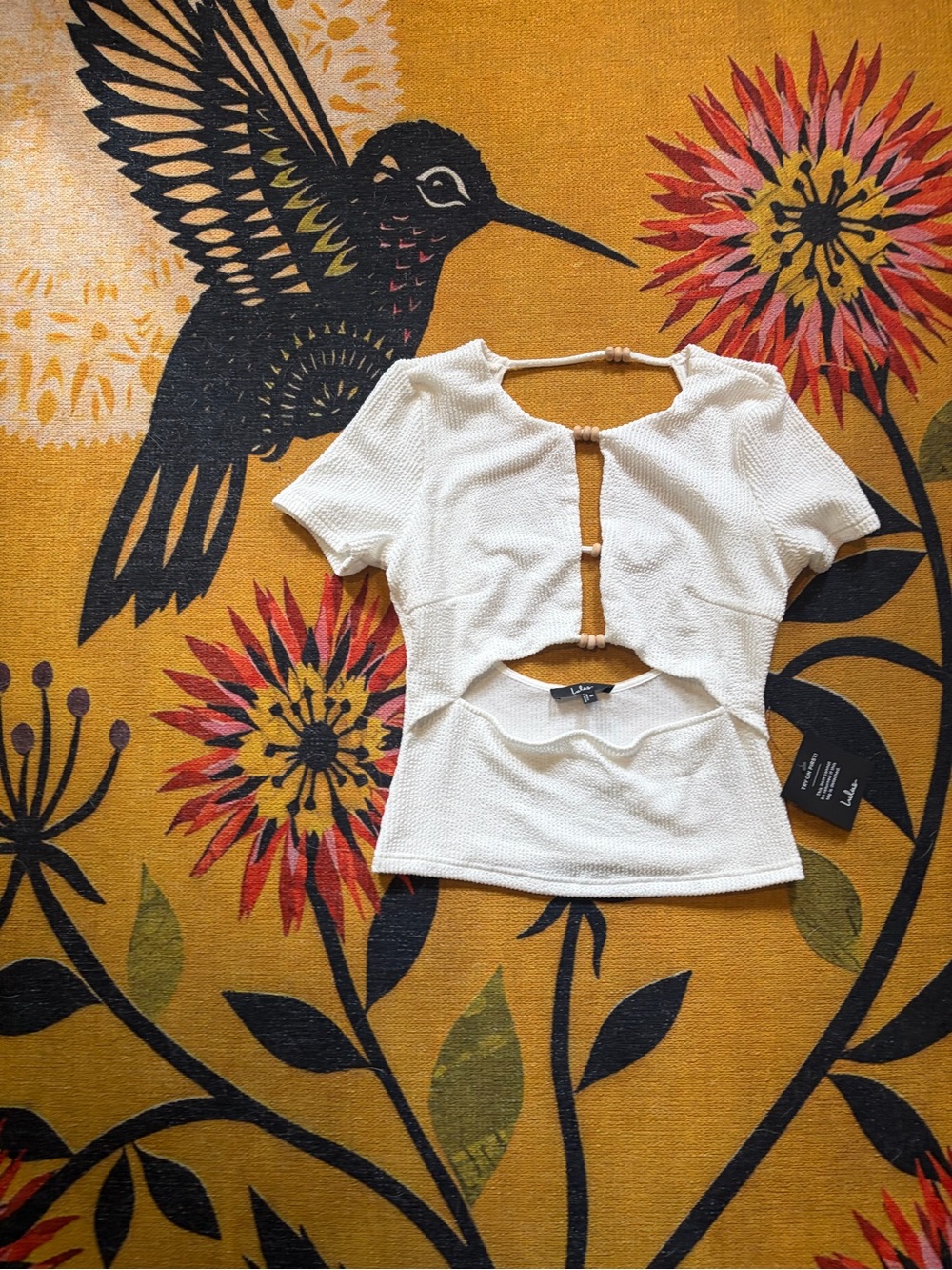 Lulu's Cream Knit Cutout Crop Top with Wooden Bead Accents